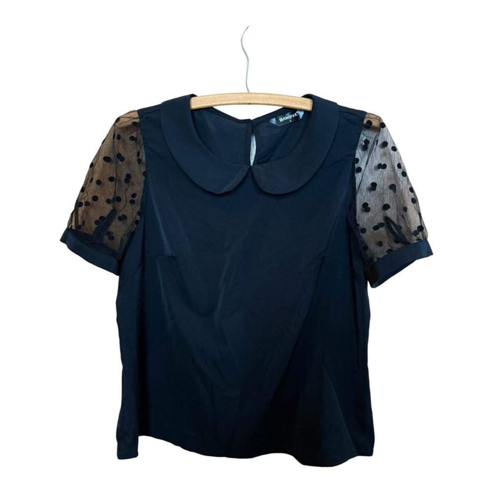 Allegra K Black Blouse with Sheer Polka Dot Sleeves